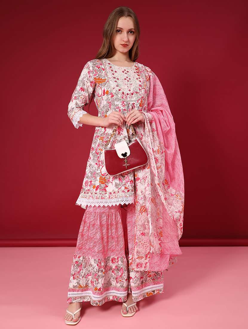 women printed three quarter sleeve kurta sharara with dupatta set
