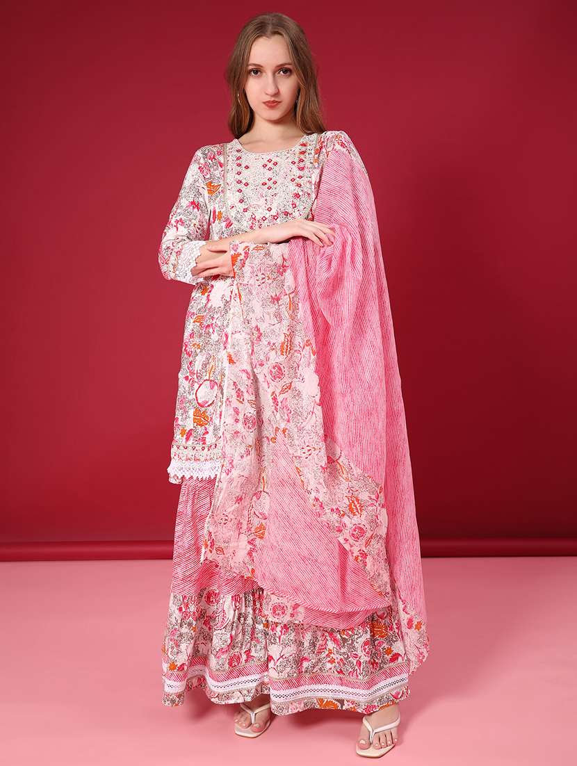 women printed three quarter sleeve kurta sharara with dupatta set - 22057024 -  Standard Image - 1