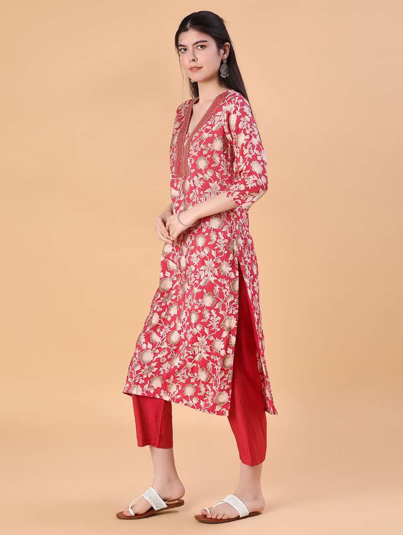 women floral three quarter sleeve kurta pant set - 22057199 -  Standard Image - 1