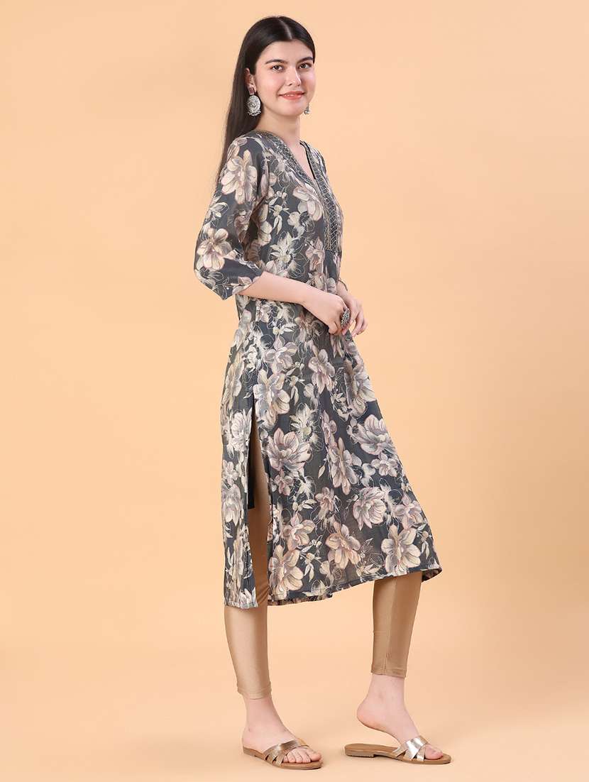 women floral print vneck straight kurta - 22057204 -  Standard Image - 1