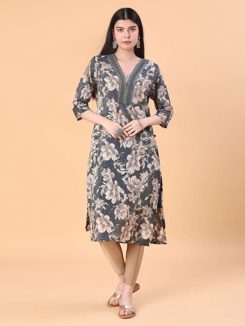 women floral print vneck straight kurta - 22057204 -  Standard Image - 4