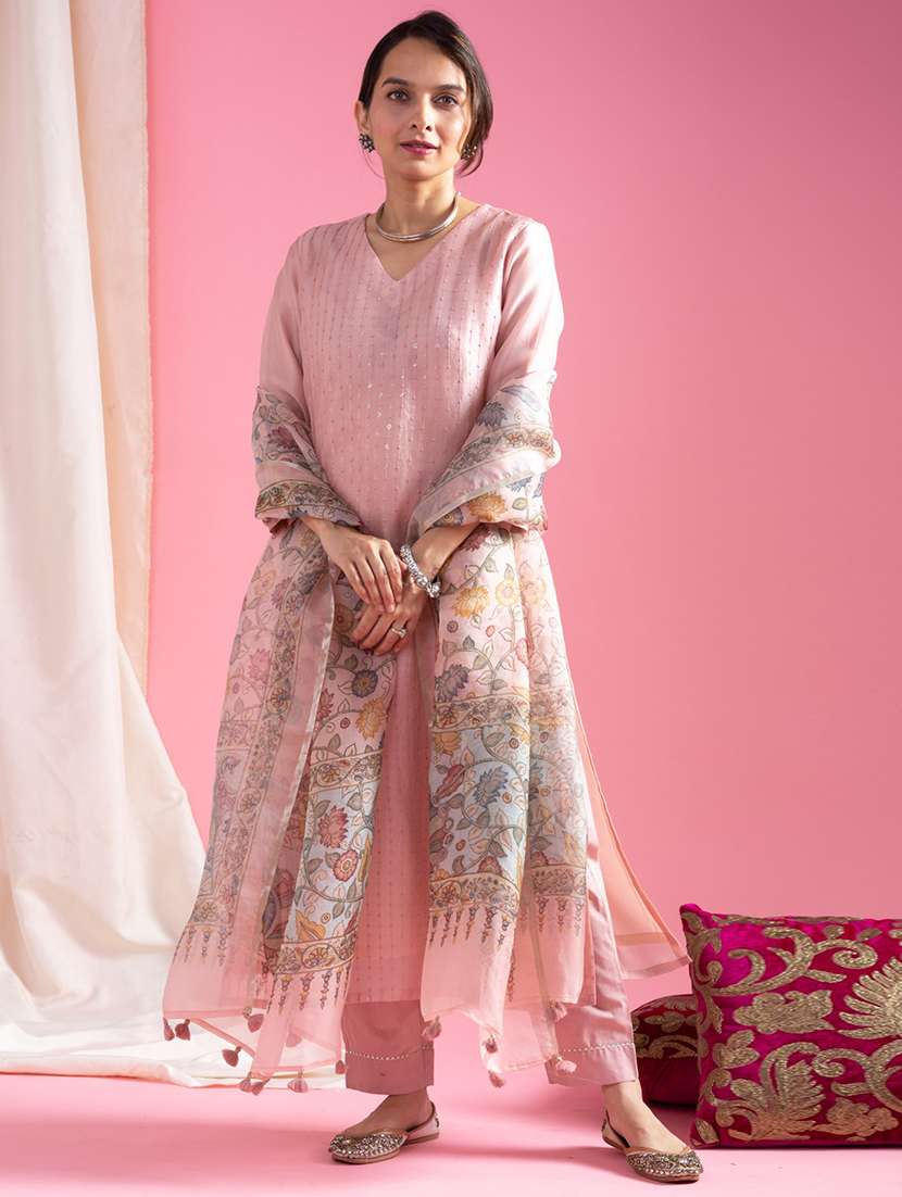 women three quarter sleeve kurta pant with dupatta set - 22057695 - Standard Image - 1