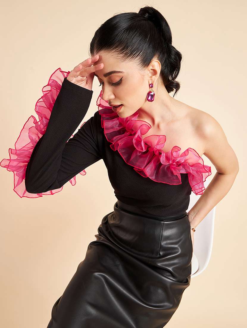 women black solid single shoulder top - 22057807 - Standard Image - 1