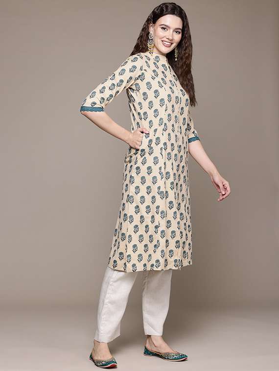 women floral three quarter sleeve a-line kurta - 22057835 -  Standard Image - 1