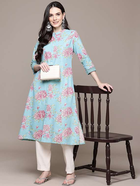women floral three quarter sleeve a-line kurta