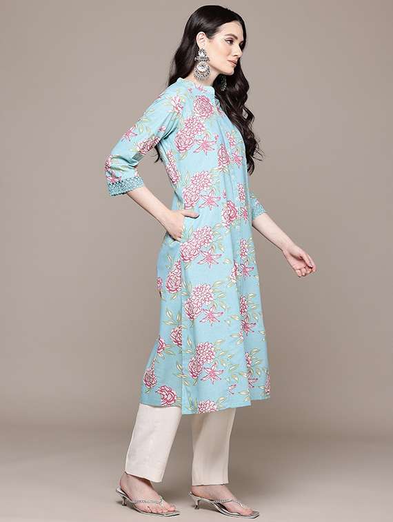 women floral three quarter sleeve a-line kurta - 22057838 -  Standard Image - 1