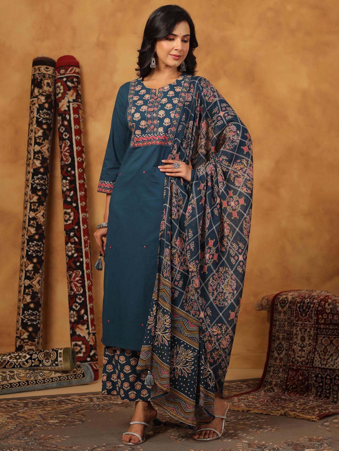 women printed three quarter sleeve kurta palazzo with dupatta set - 22057879 -  Standard Image - 1