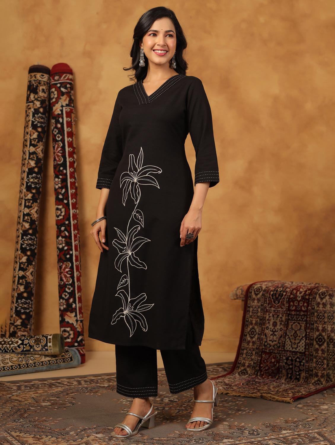 black cotton kurta palazzo set - 22057882 - Standard Image - 1