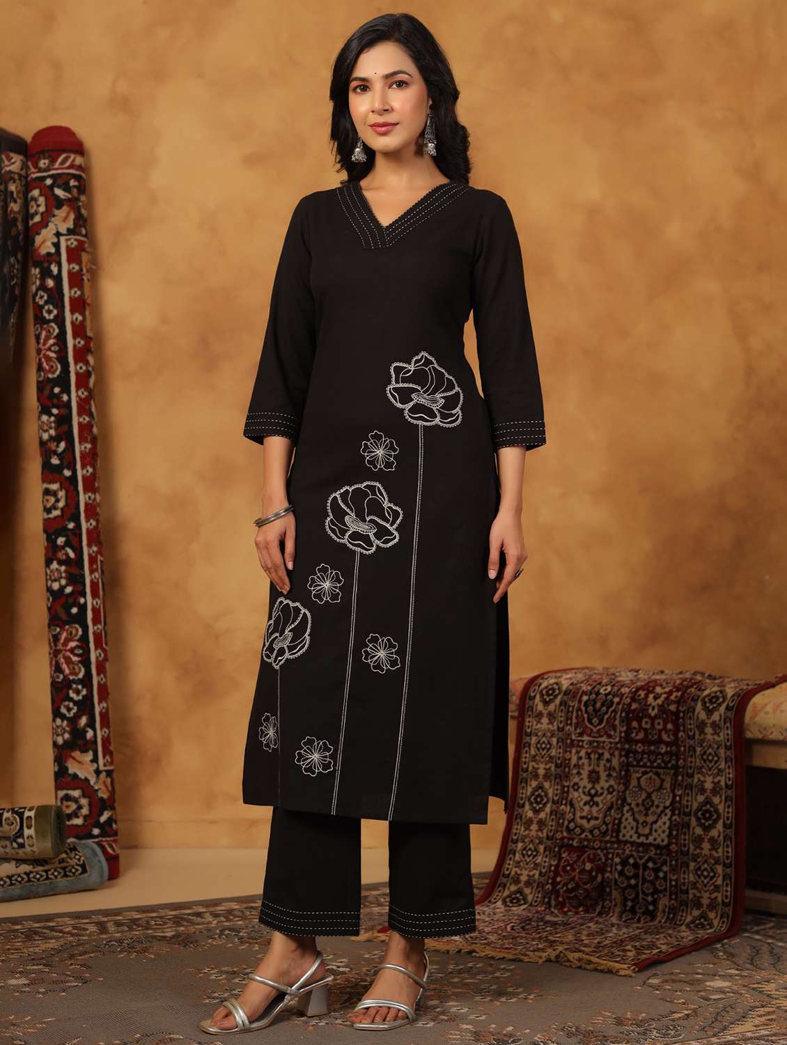 women embroidered three quarter sleeve kurta palazzo set