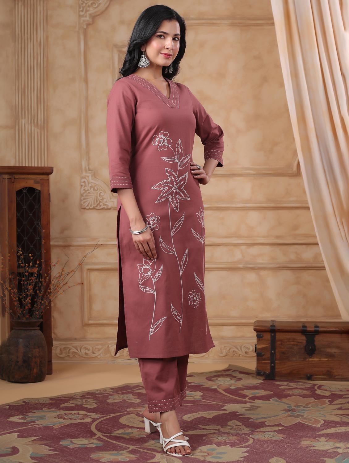 women embroidered three quarter sleeve kurta palazzo set - 22057887 -  Standard Image - 1