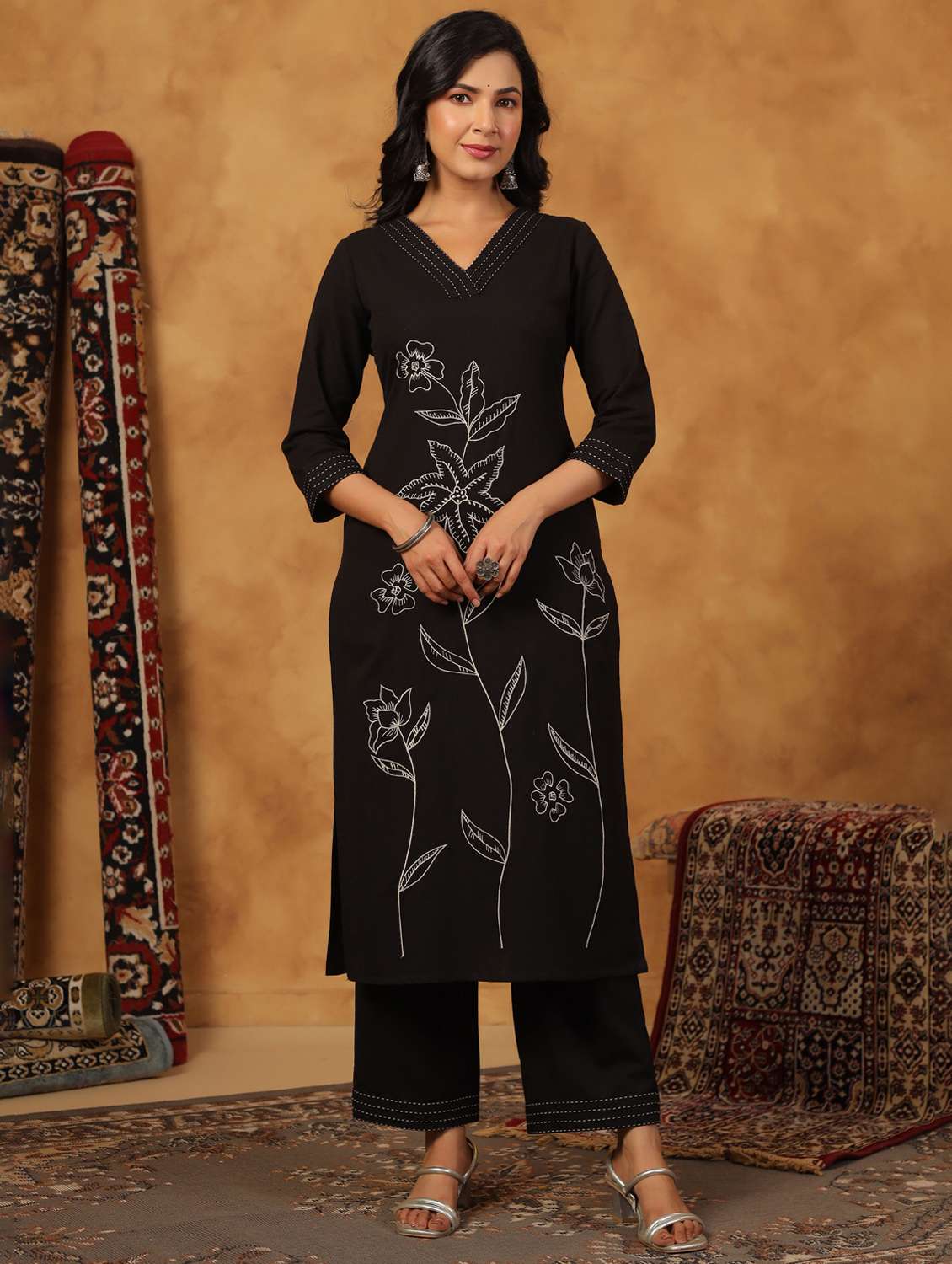 women embroidered three quarter sleeve kurta palazzo set