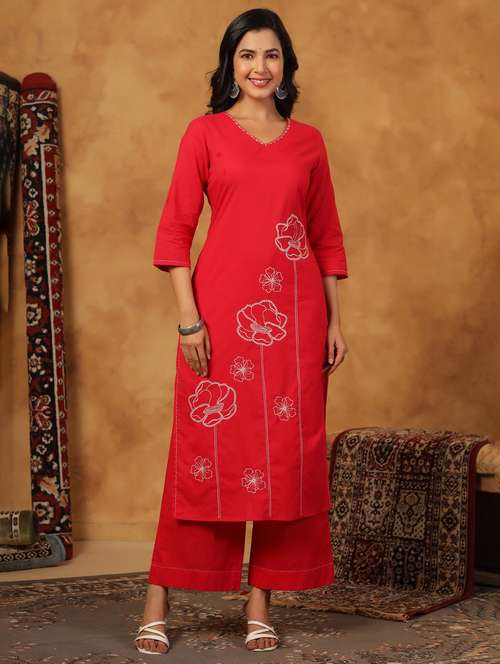 women embroidered three quarter sleeve kurta palazzo set - 22057889 -  Standard Image - 0