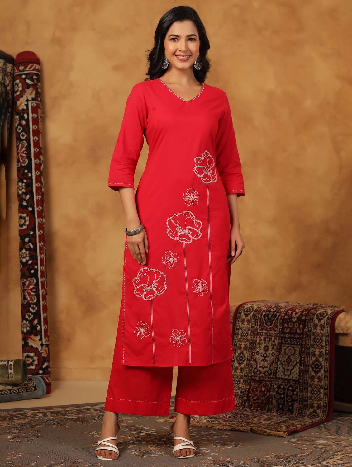 women embroidered three quarter sleeve kurta palazzo set