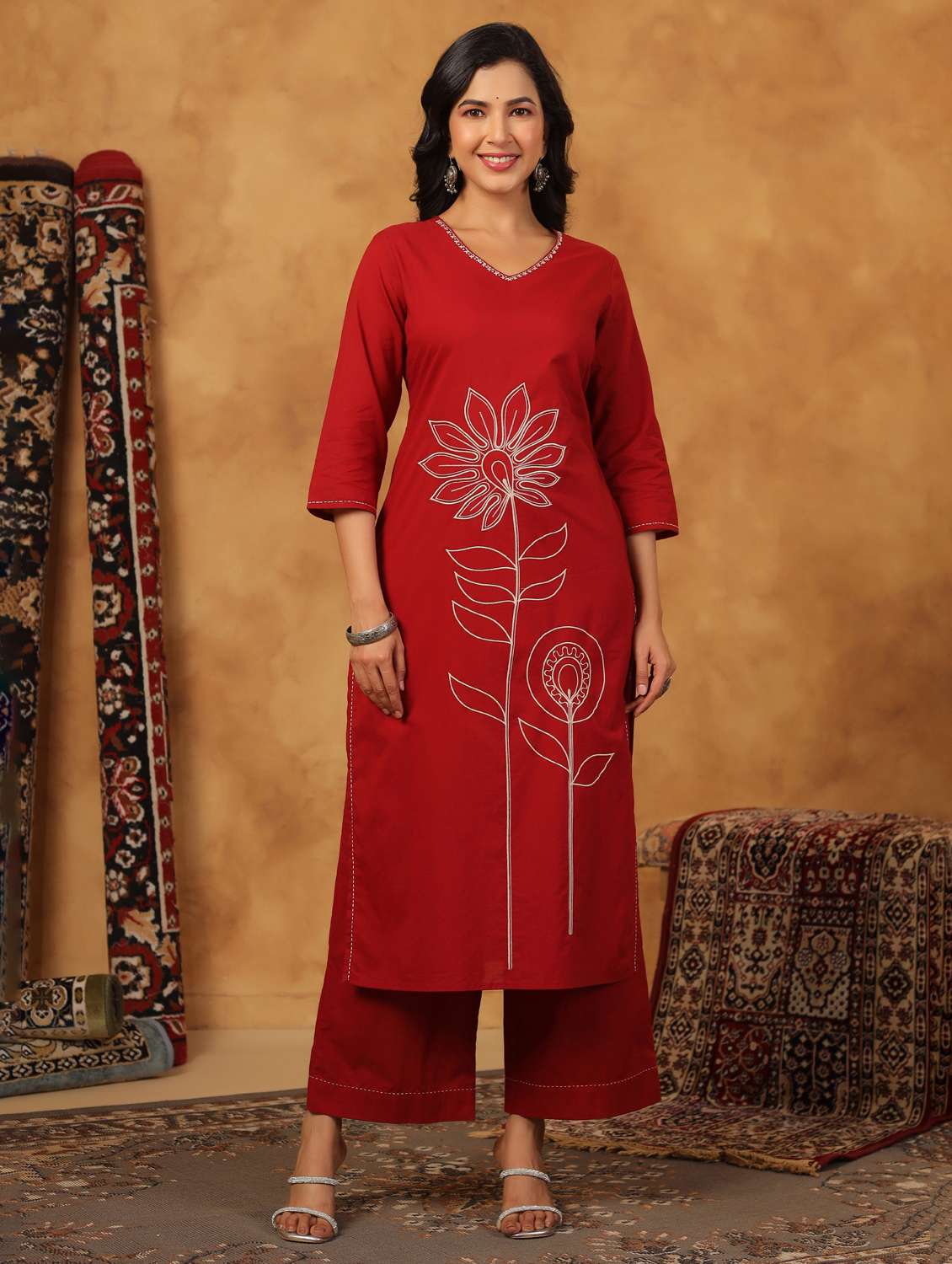 women embroidered three quarter sleeve kurta palazzo set