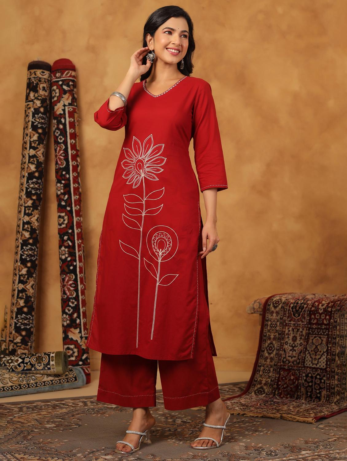 maroon cotton kurta palazzo set - 22057890 - Standard Image - 1
