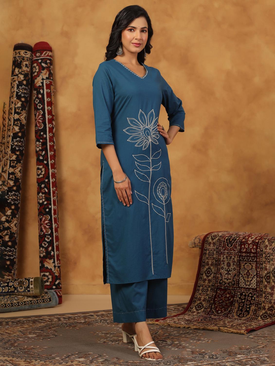teal cotton kurta palazzo set - 22057891 - Standard Image - 1