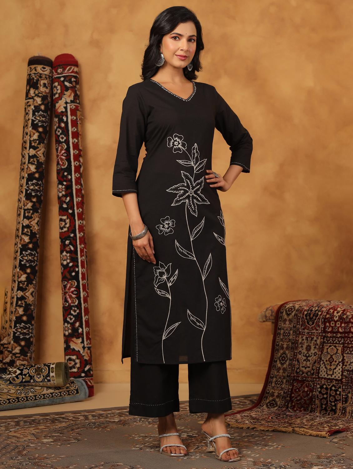 black cotton kurta palazzo set - 22057894 - Standard Image - 1