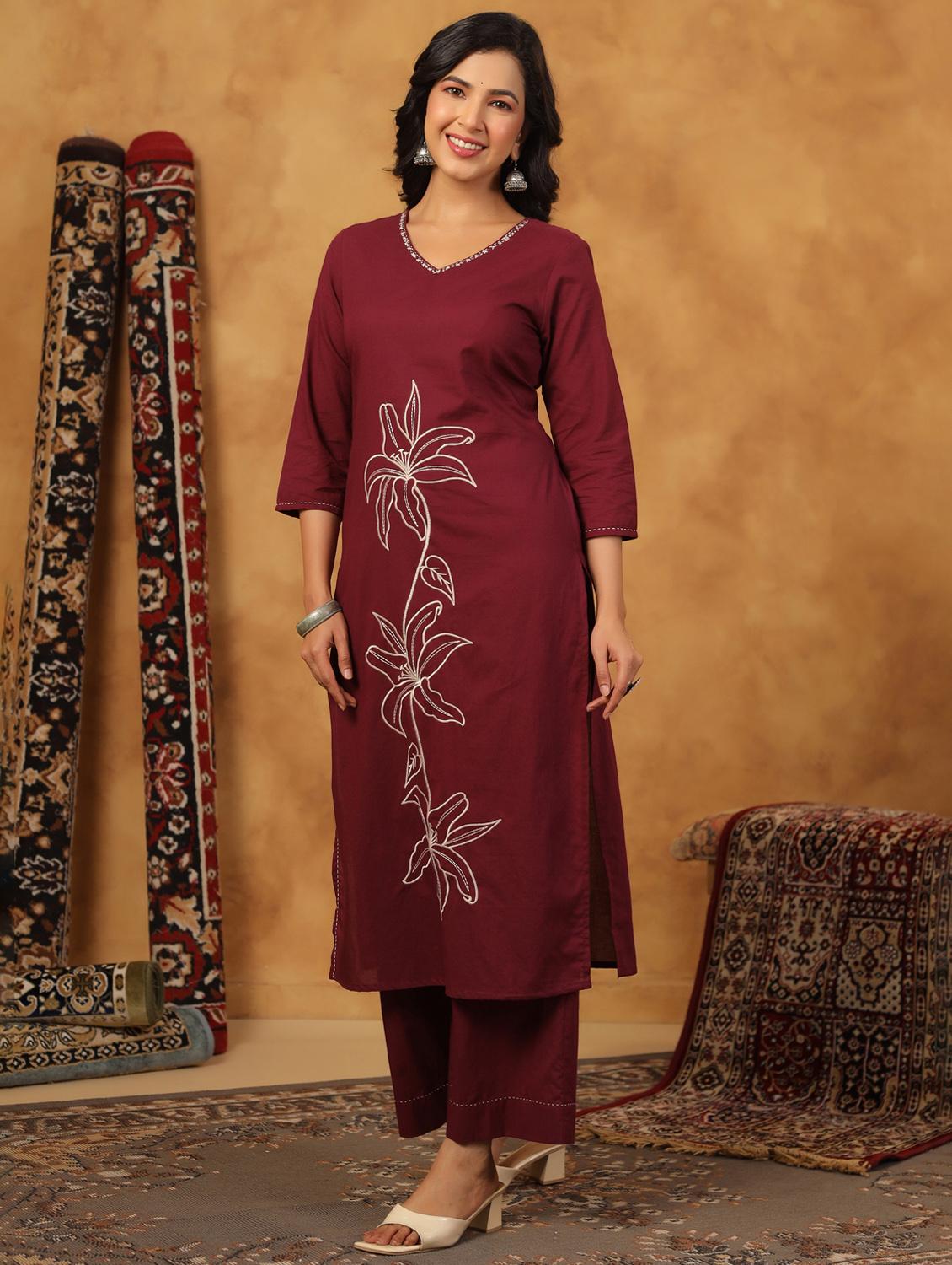 maroon cotton kurta palazzo set - 22057895 - Standard Image - 1