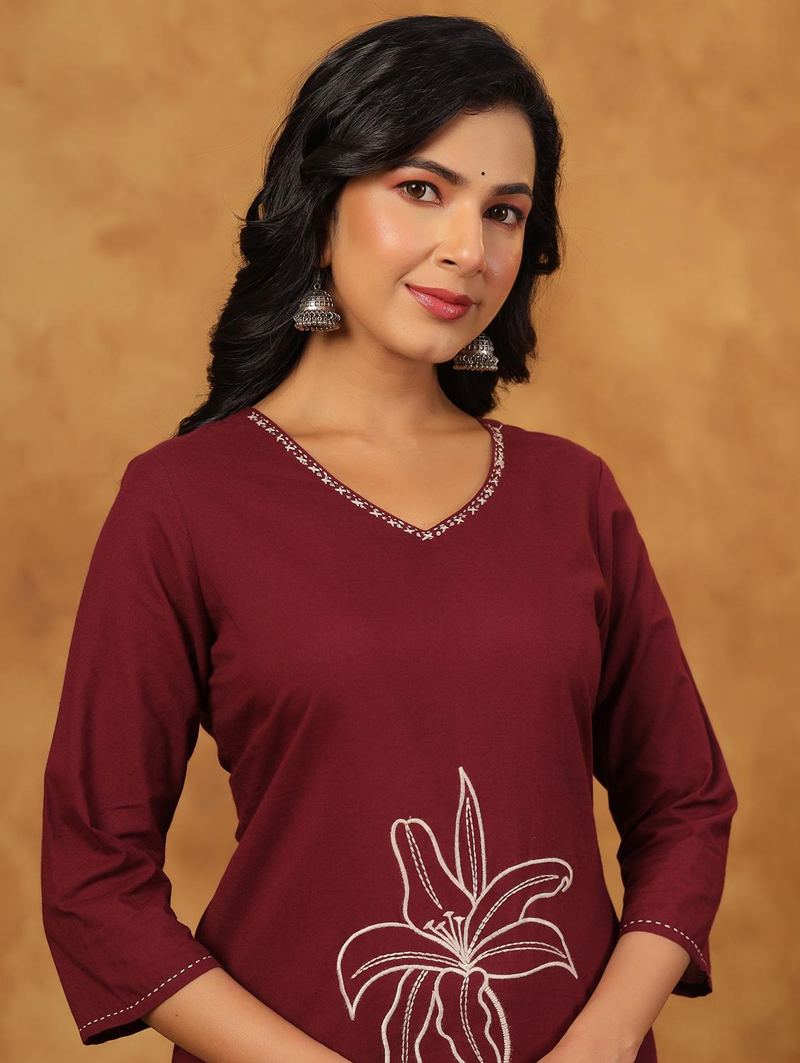 maroon cotton kurta palazzo set - 22057895 - Standard Image - 4
