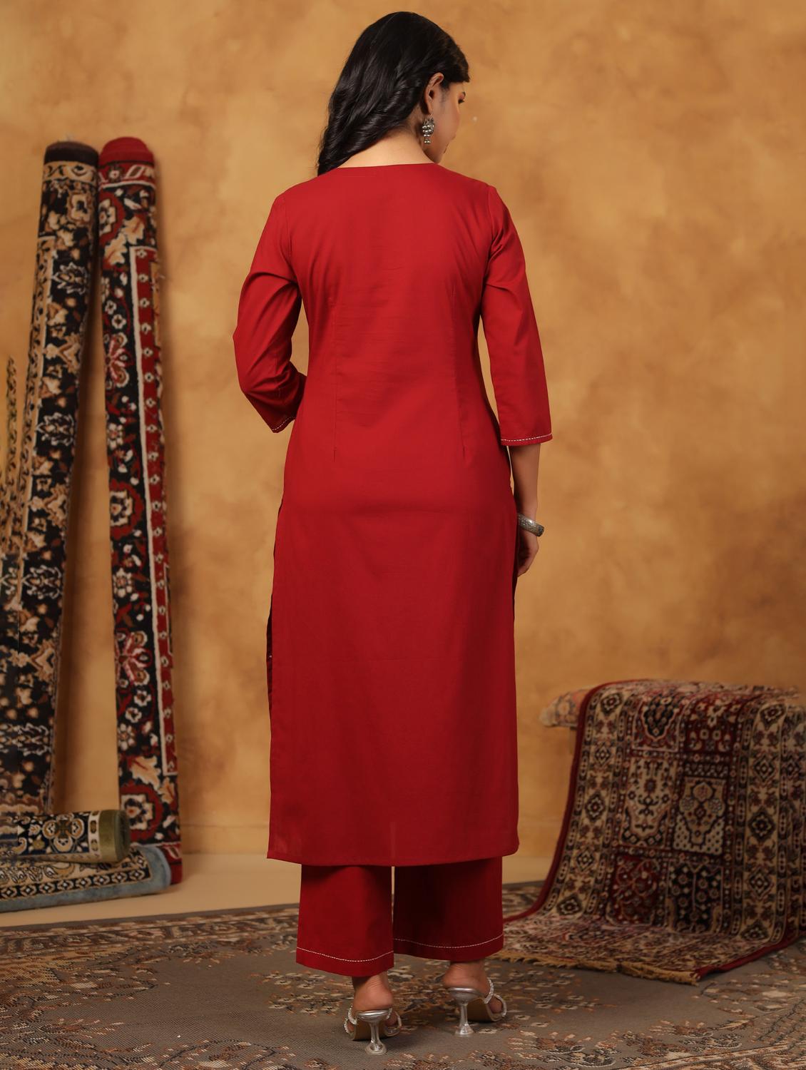 maroon cotton kurta palazzo set - 22057896 - Standard Image - 4