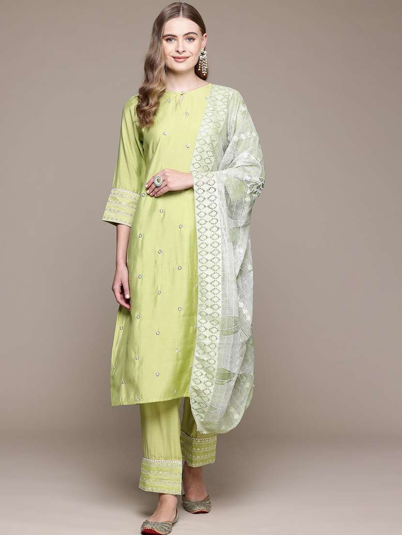 women solid with work three quarter sleeve kurta pant with dupatta set - 22057912 -  Standard Image - 1
