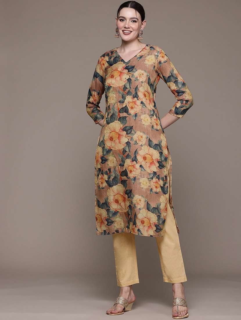 women three quarter sleeve kurta and pant set - 22057999 -  Standard Image - 1