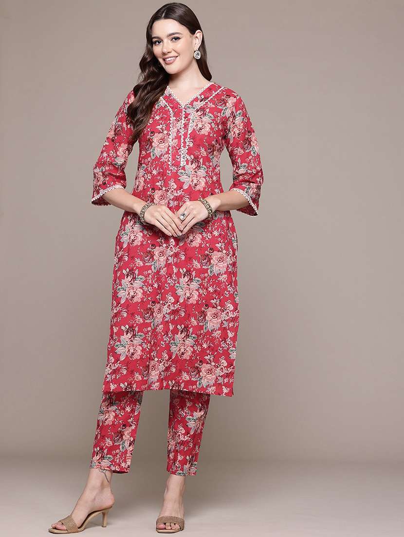 women three quarter sleeve kurta and pant set - 22058044 - Standard Image - 1