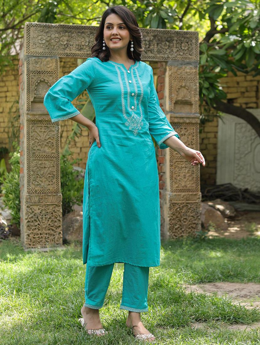 sea green cotton kurta palazzo set - 22058158 - Standard Image - 1