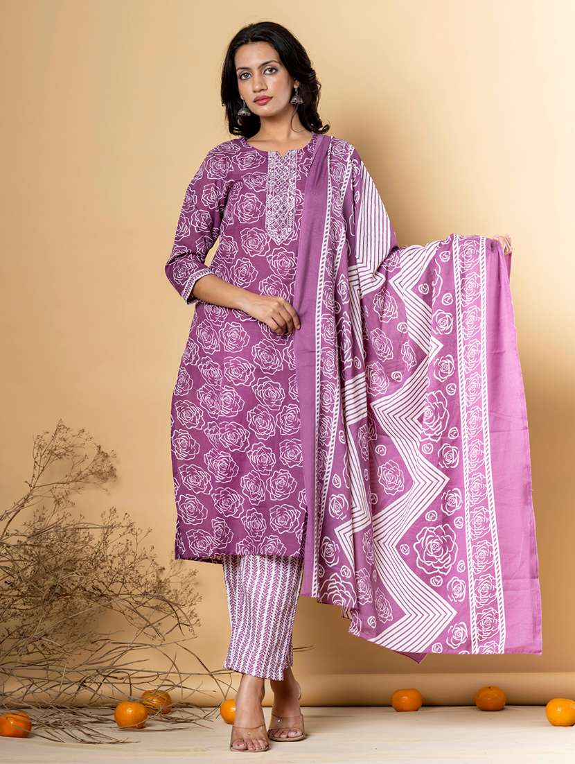 purple cotton blend suit  set
