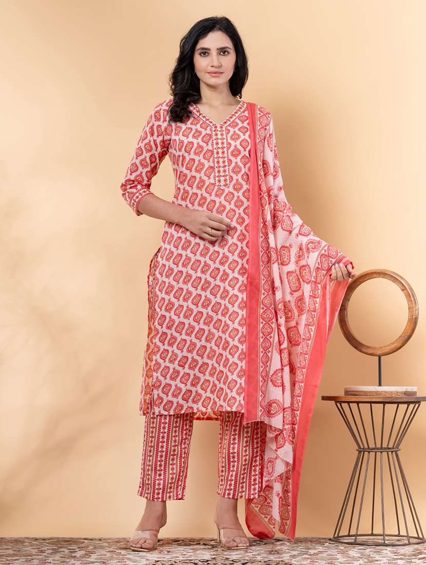 red cotton blend suit  set