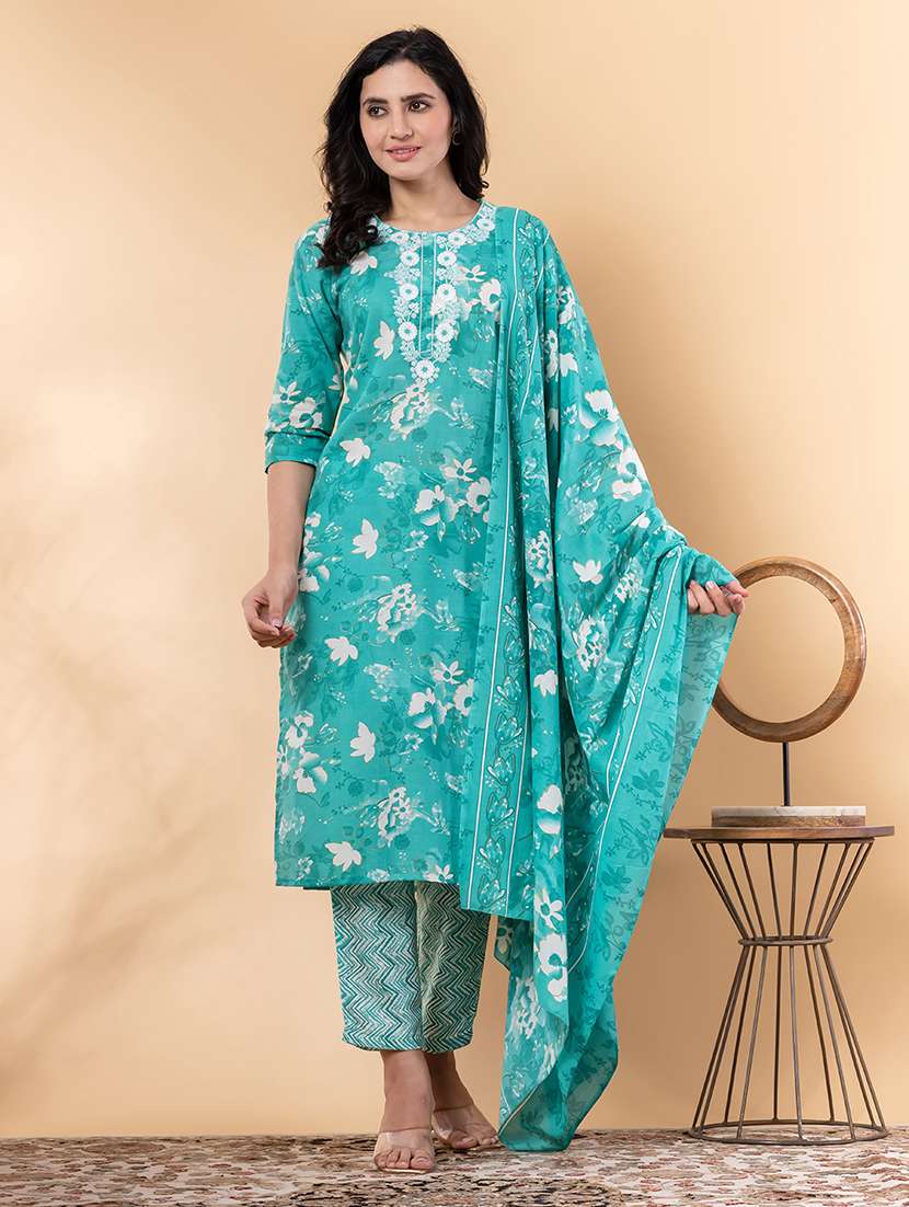 sea green cotton blend suit  set