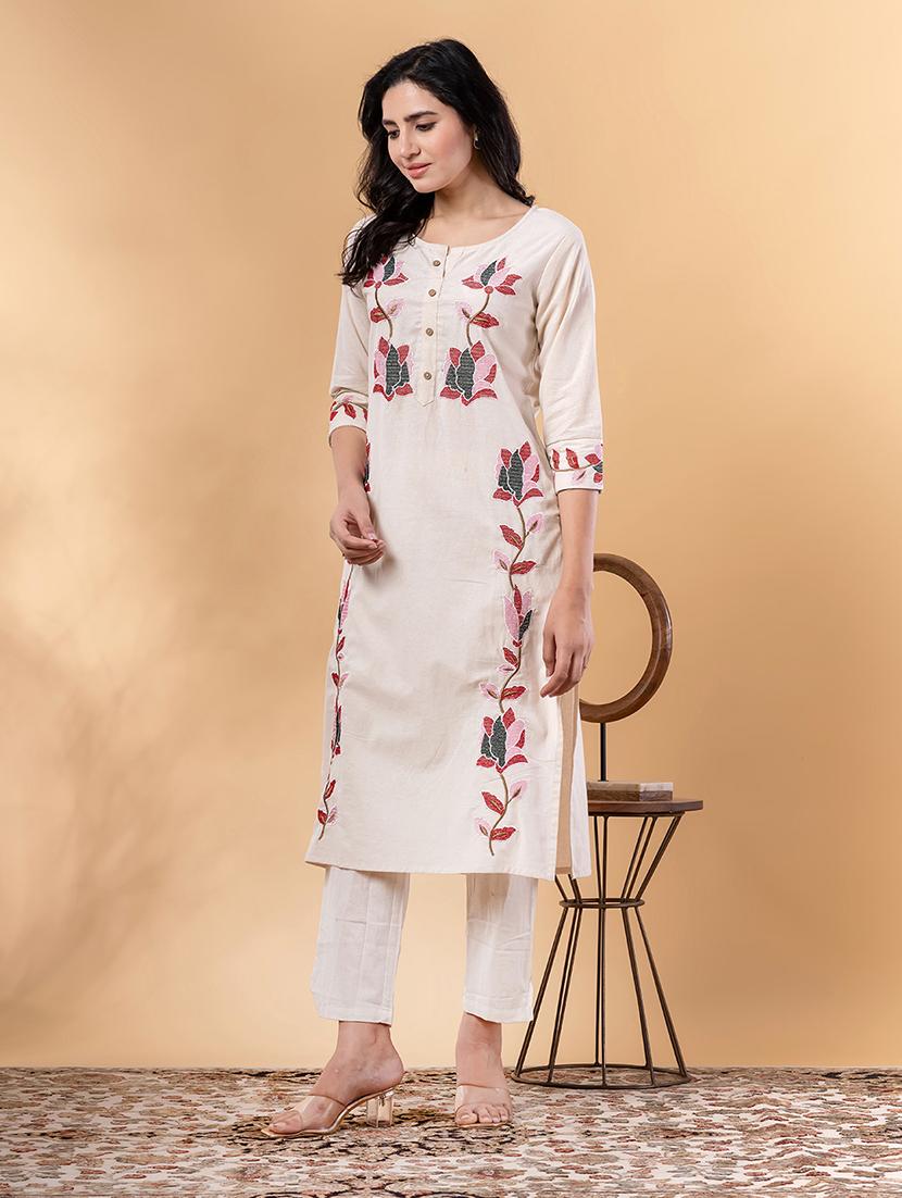 off white cotton blend kurta palazzo set - 22058341 - Standard Image - 1
