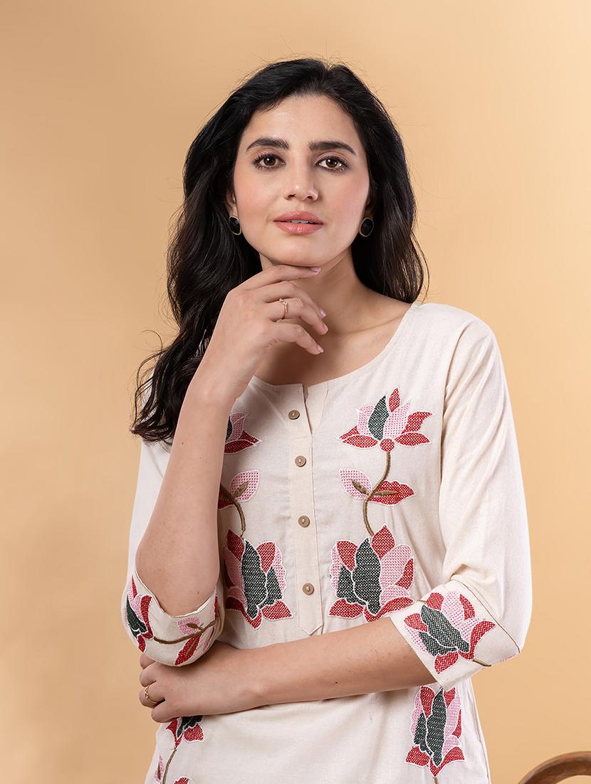 off white cotton blend kurta palazzo set - 22058341 - Standard Image - 4