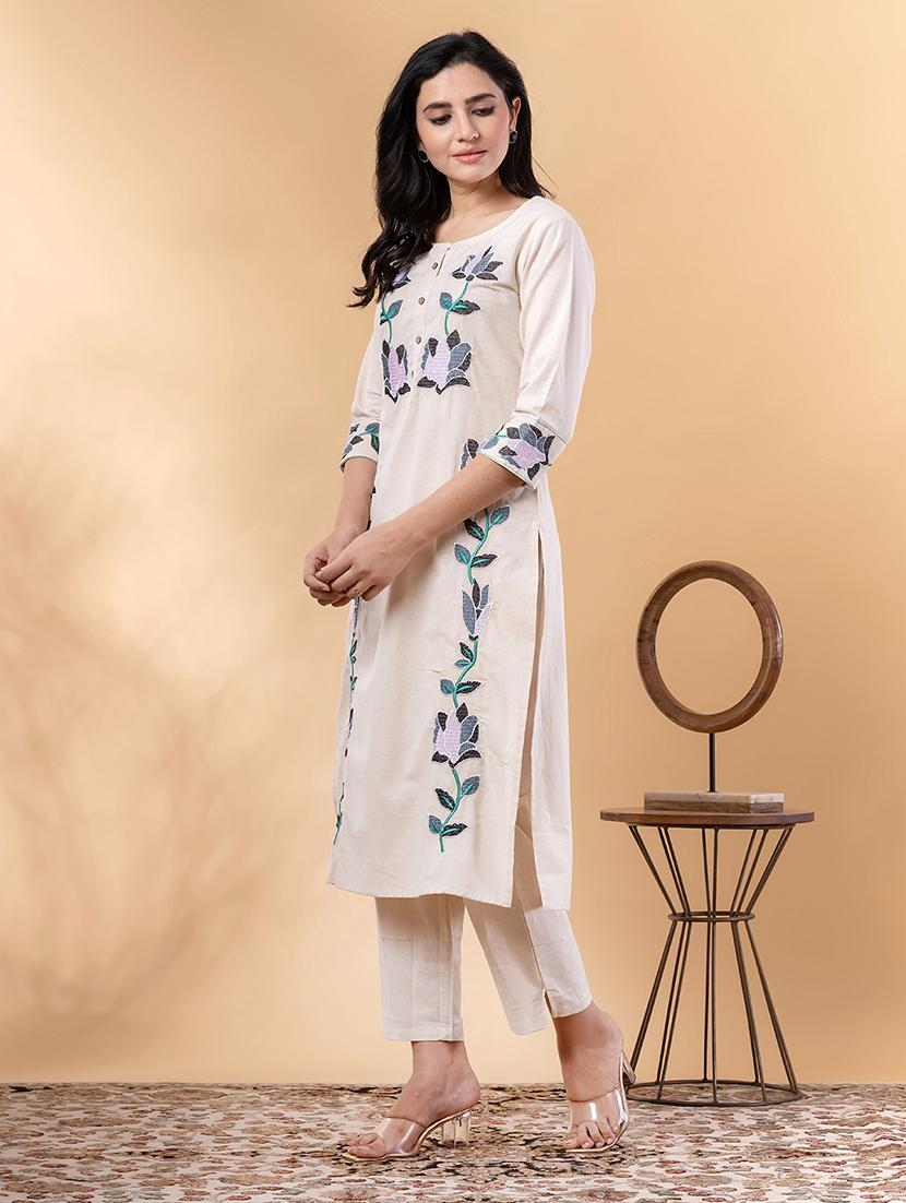 off white cotton blend kurta palazzo set - 22058342 - Standard Image - 1