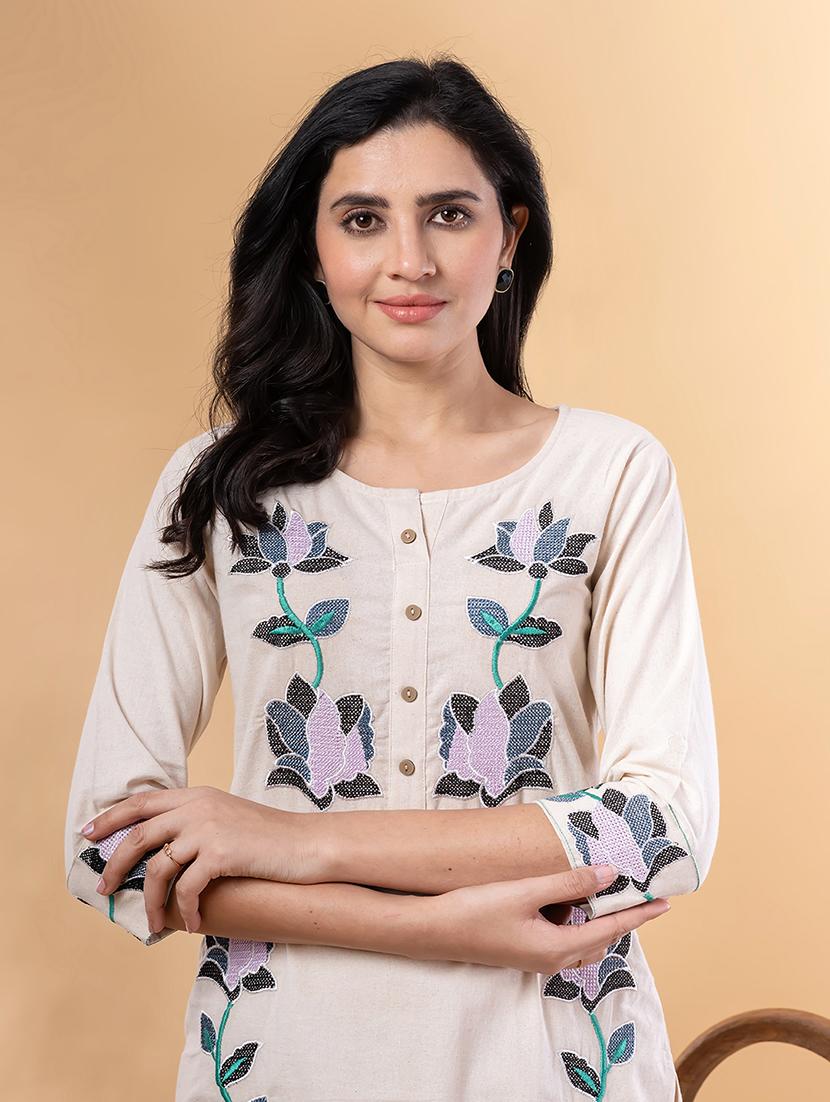 off white cotton blend kurta palazzo set - 22058342 - Standard Image - 4