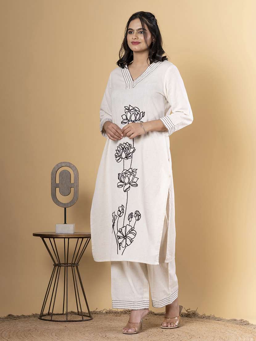 off white cotton blend kurta palazzo  set - 22058353 -  Standard Image - 1