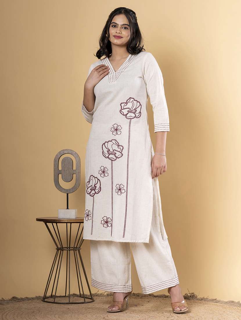 off white cotton blend kurta palazzo  set - 22058356 -  Standard Image - 1