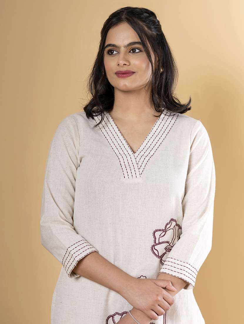 off white cotton blend kurta palazzo  set - 22058356 -  Standard Image - 4