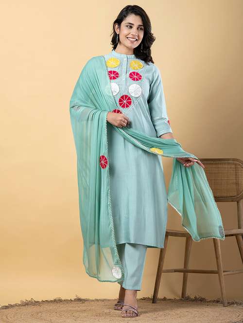 women three quarter sleeve kurta pant with dupatta set - 22058368 -  Standard Image - 0