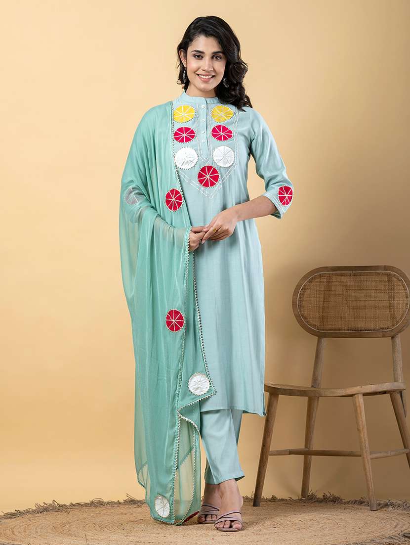 women three quarter sleeve kurta pant with dupatta set - 22058368 -  Standard Image - 1