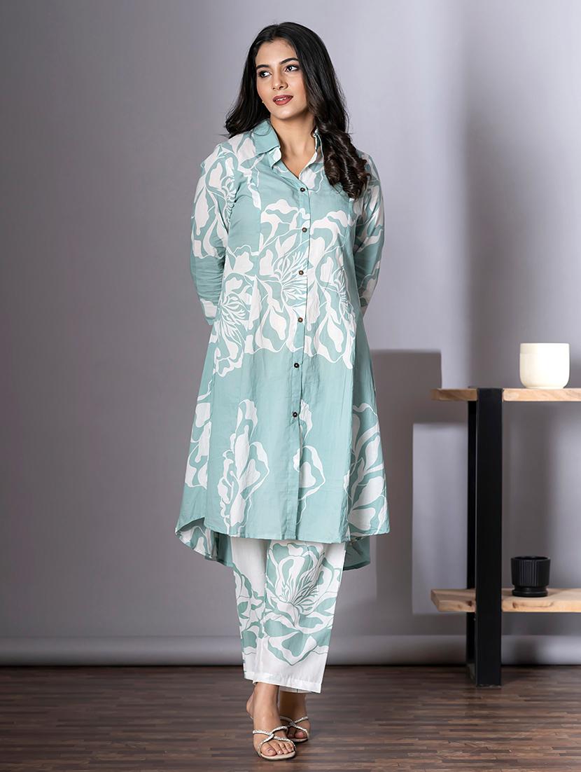 sea green cotton blend kurta palazzo set - 22058390 - Standard Image - 1