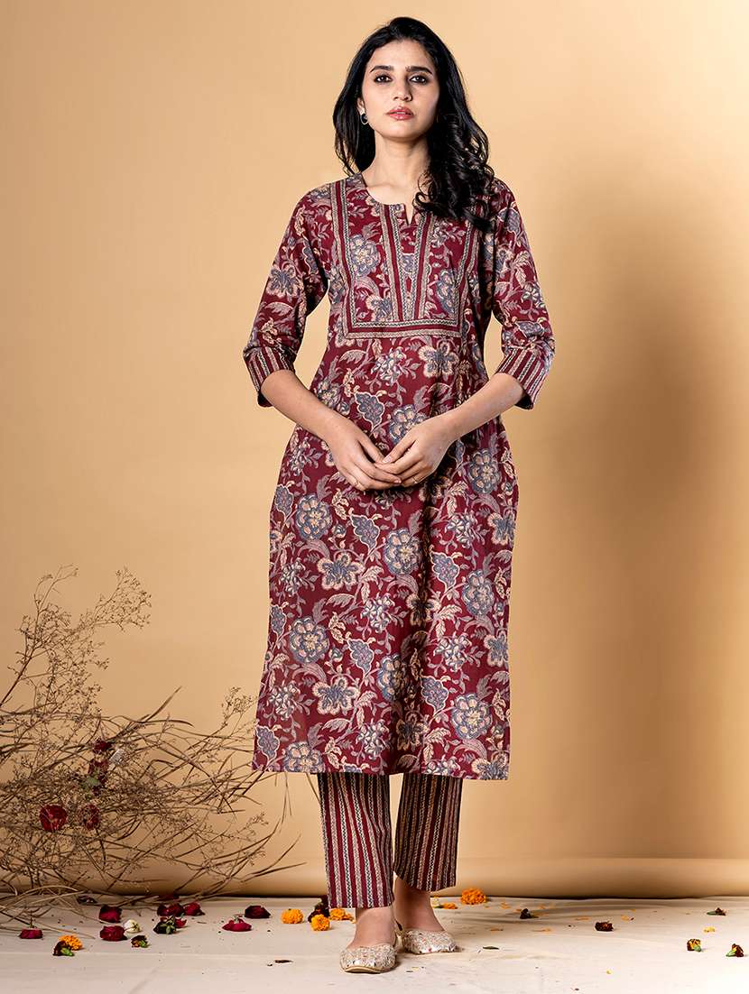 maroon cotton blend kurta palazzo  set