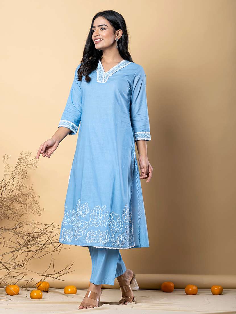 women three quarter sleeve kurta and pant set - 22058453 -  Standard Image - 1