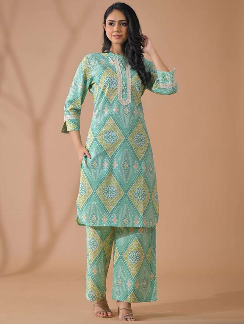 green cotton blend suit  set