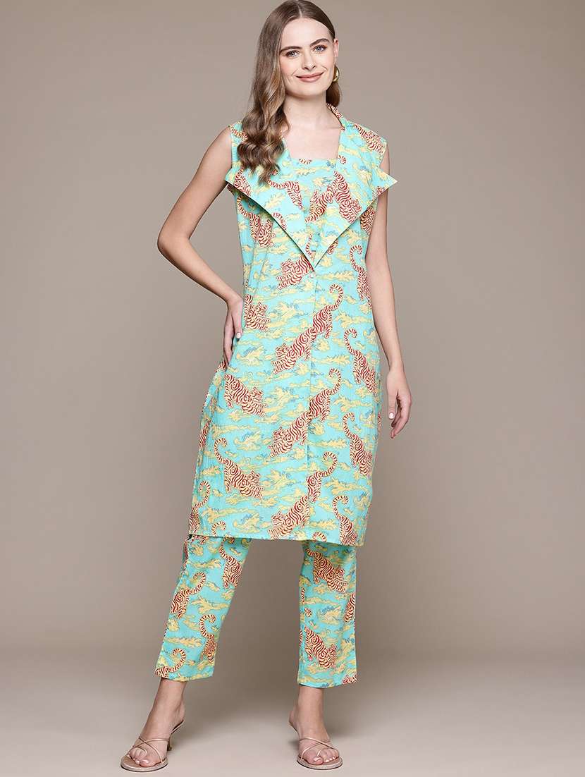 women printed top and trouser with jacket co-ord set - 22058574 -  Standard Image - 1