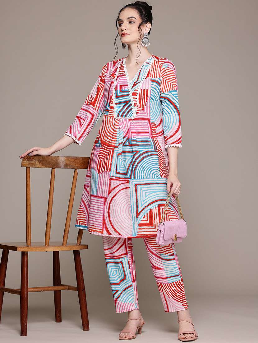 women printed three quarter sleeve ethnic co-ord set - 22058582 - Standard Image - 1