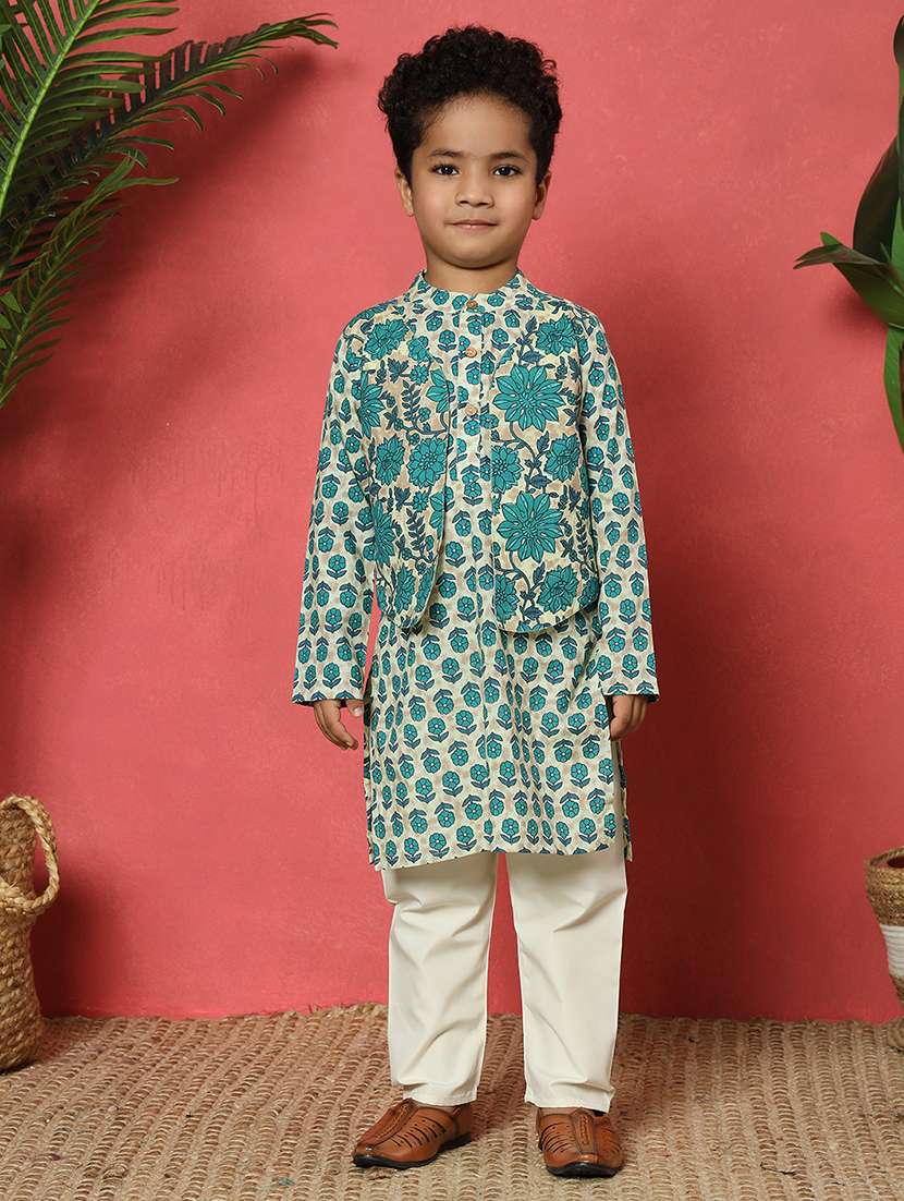 boys printed mandarin collar kurta pyjama set with nehru jacket