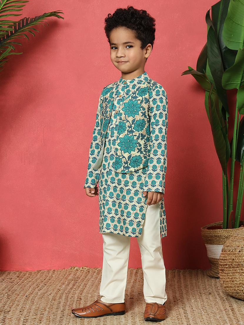 boys printed mandarin collar kurta pyjama set with nehru jacket - 22058608 - Standard Image - 1