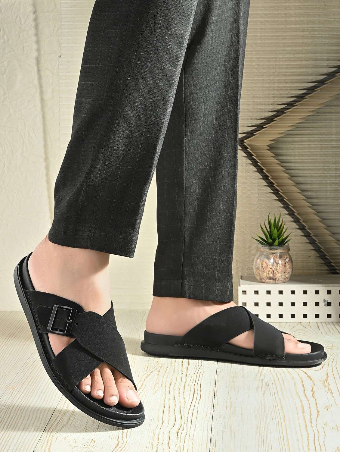men black solid slip on sandal - 22058613 - Standard Image - 1
