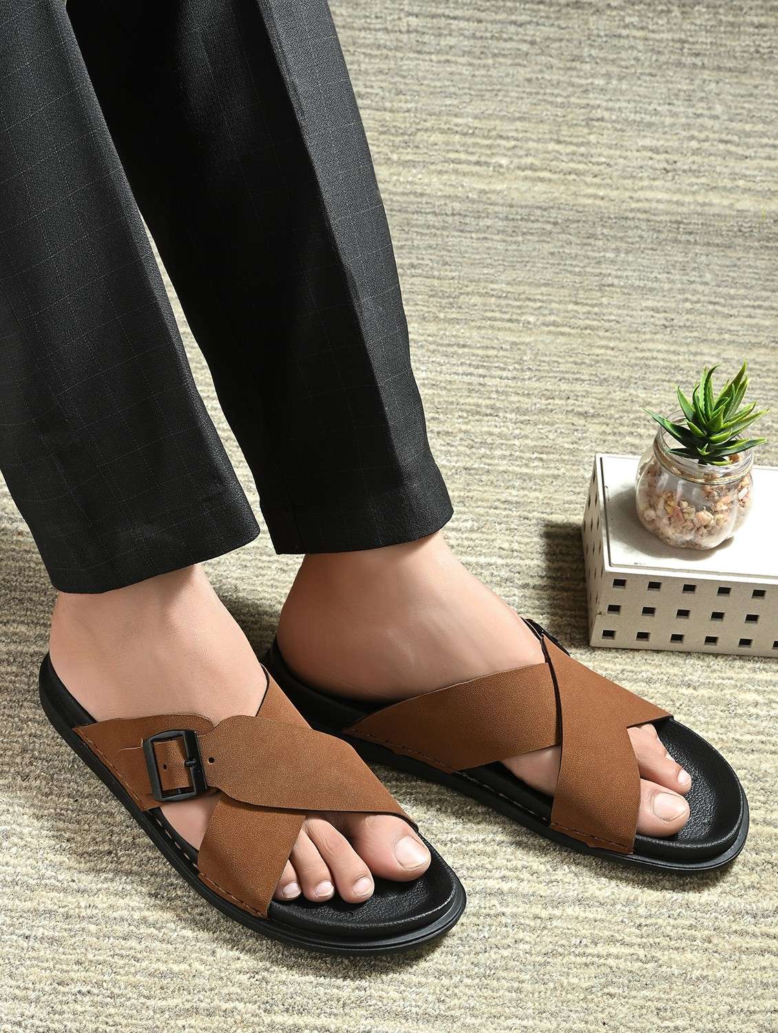men brown solid slip on sandal - 22058614 -  Standard Image - 1